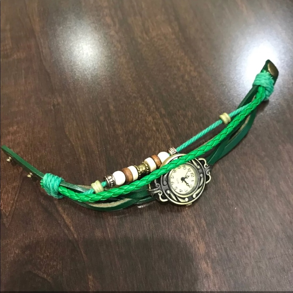 Bronze Green leather Watch Bracelet
